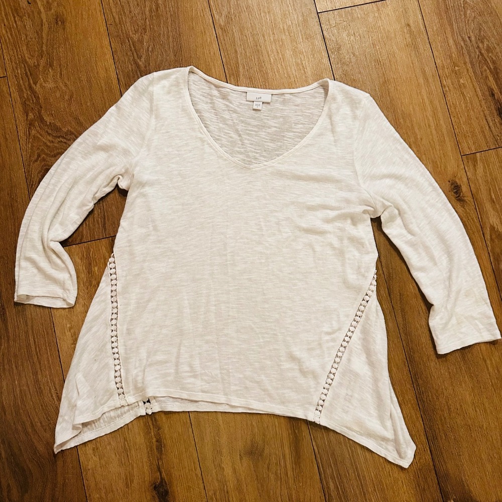 J. Jill Linen Cotton Slub Knit‎ V-Neck Sharkbite Hem Top Ivory Small